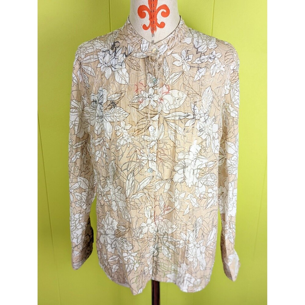 Alfred Dunner Petite 12P Henley Button Up Shirt Blouse Top Floral Brown White